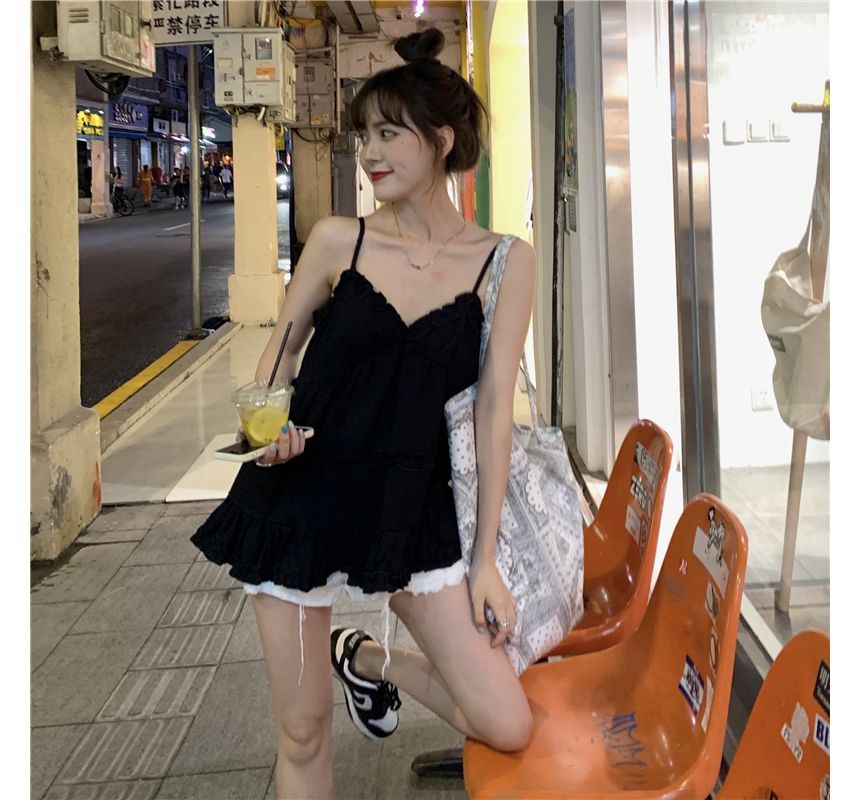 Yako - 純色皺摺邊飄逸吊帶背心