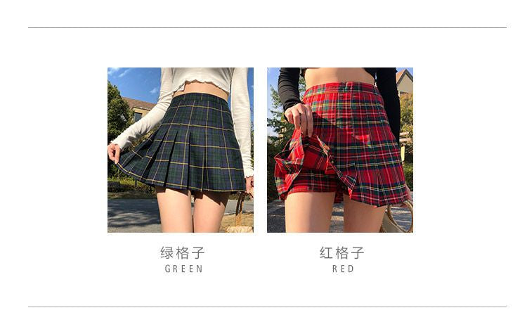 Duwnie - 高腰格子百褶短裙