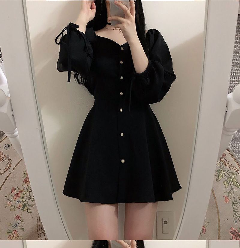 EFO - 飾鈕扣甜心領迷你連衣A字裙