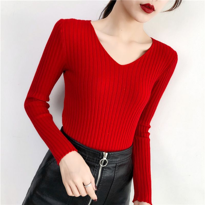 PINPI - 長袖V領純色針織上衣