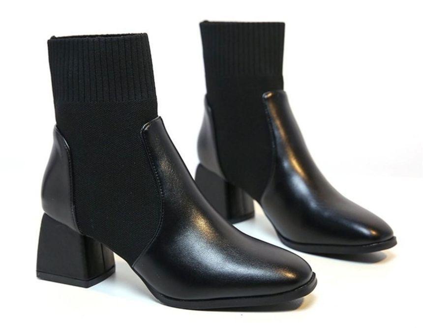 Anjay - 針織拼接粗跟短靴