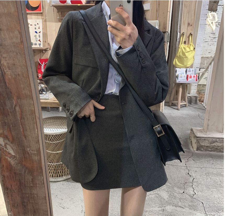 Leoom - 純色單排扣西裝外套 / 迷你鉛筆裙