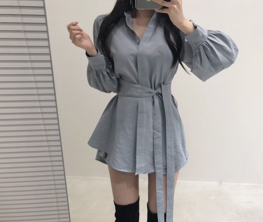 Happo - 長袖飾帶襯衫 -附寬腿短褲
