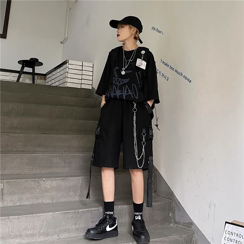 Porstina - 飾扣工裝短褲