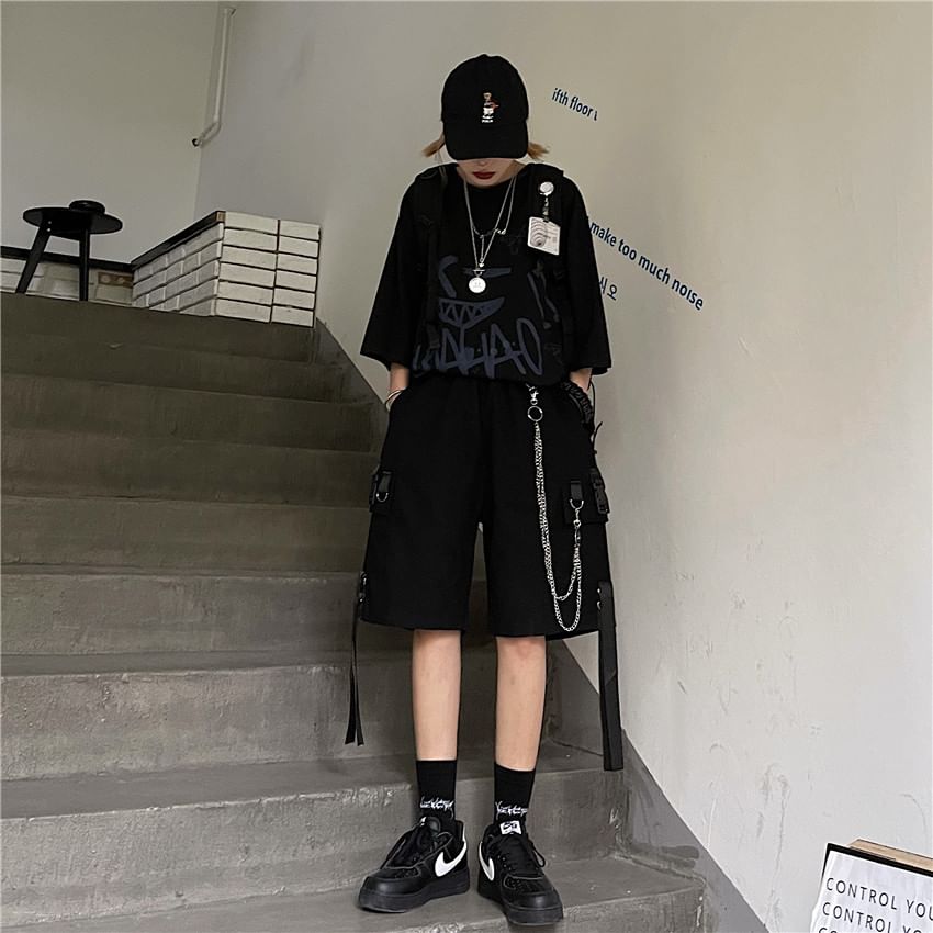 Porstina - 飾扣工裝短褲