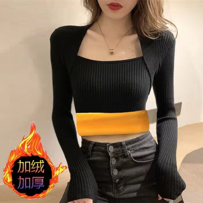 ROCKBABE - 長袖方領內抓毛純色針織上衣