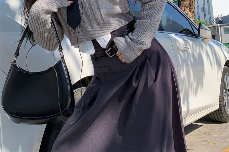 Strawolf - 長袖純色襯衫 / 圓領短款毛衣 / 低腰A字中長裙