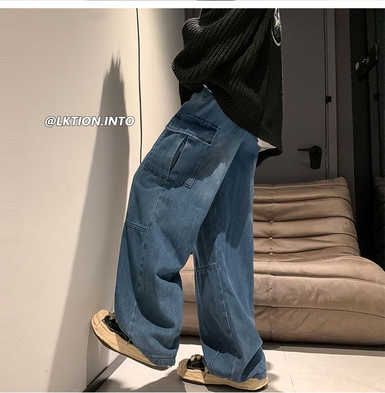 Zentrus - 高腰抽繩寬腿工裝牛仔褲