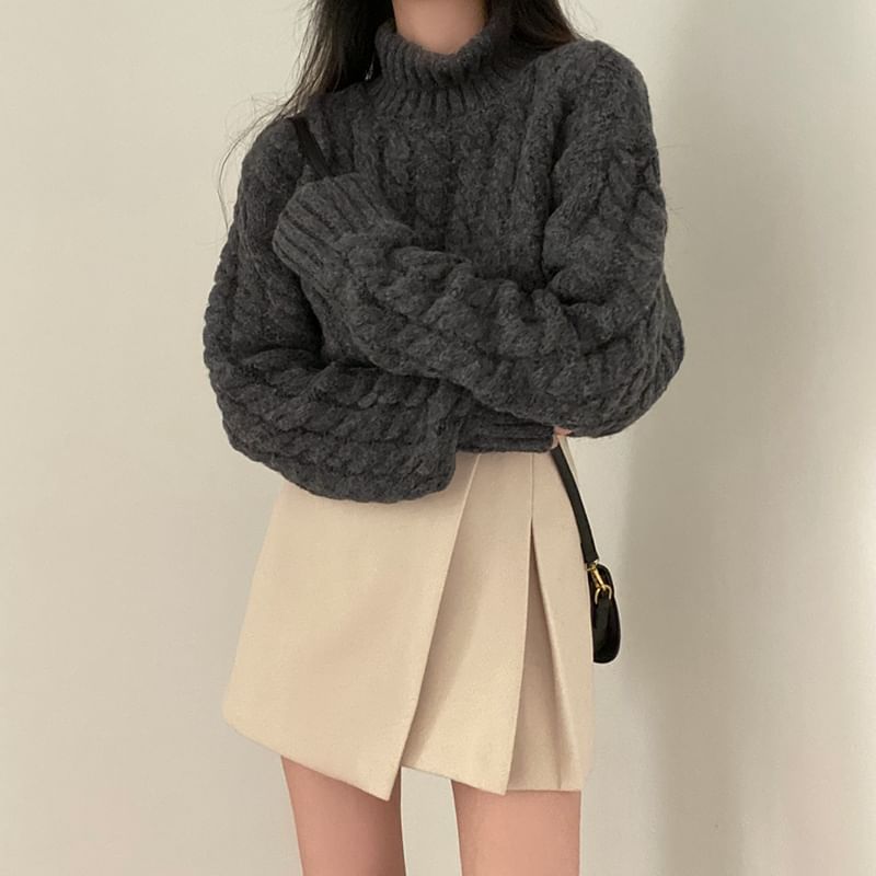 Coris - [F] 小高領純色麻花針織短款毛衣