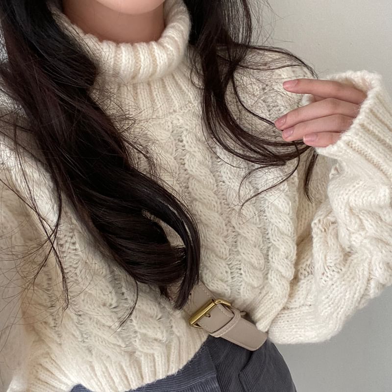 Coris - [F] 小高領純色麻花針織短款毛衣