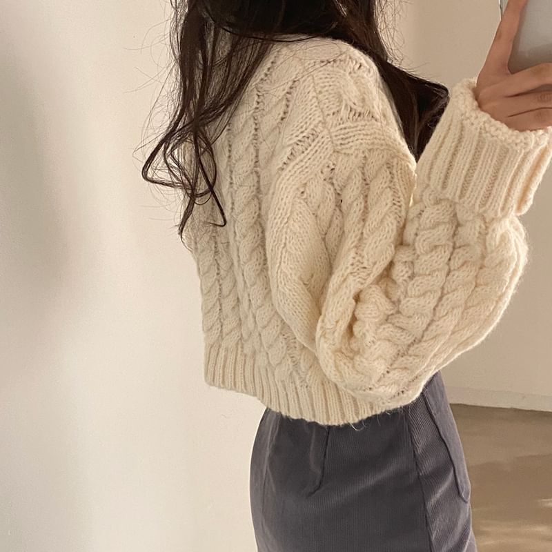 Coris - [F] 小高領純色麻花針織短款毛衣