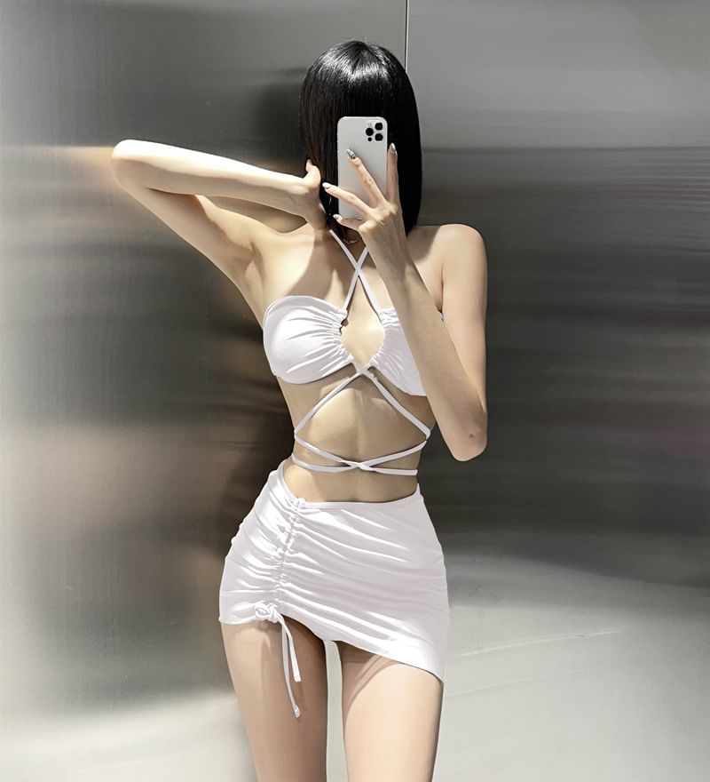 Sabbia - 套裝: 掛脖純色比基尼游泳上衣 + 泳褲 + 抽繩罩裙