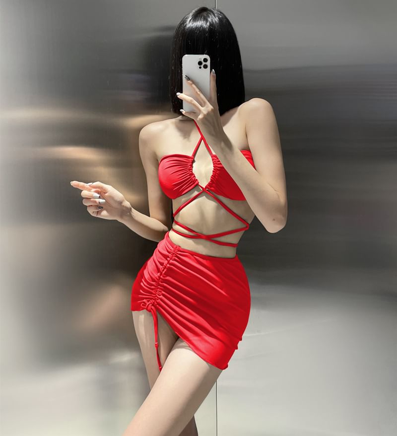 Sabbia - 套裝: 掛脖純色比基尼游泳上衣 + 泳褲 + 抽繩罩裙