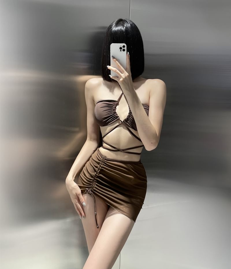 Sabbia - 套裝: 掛脖純色比基尼游泳上衣 + 泳褲 + 抽繩罩裙