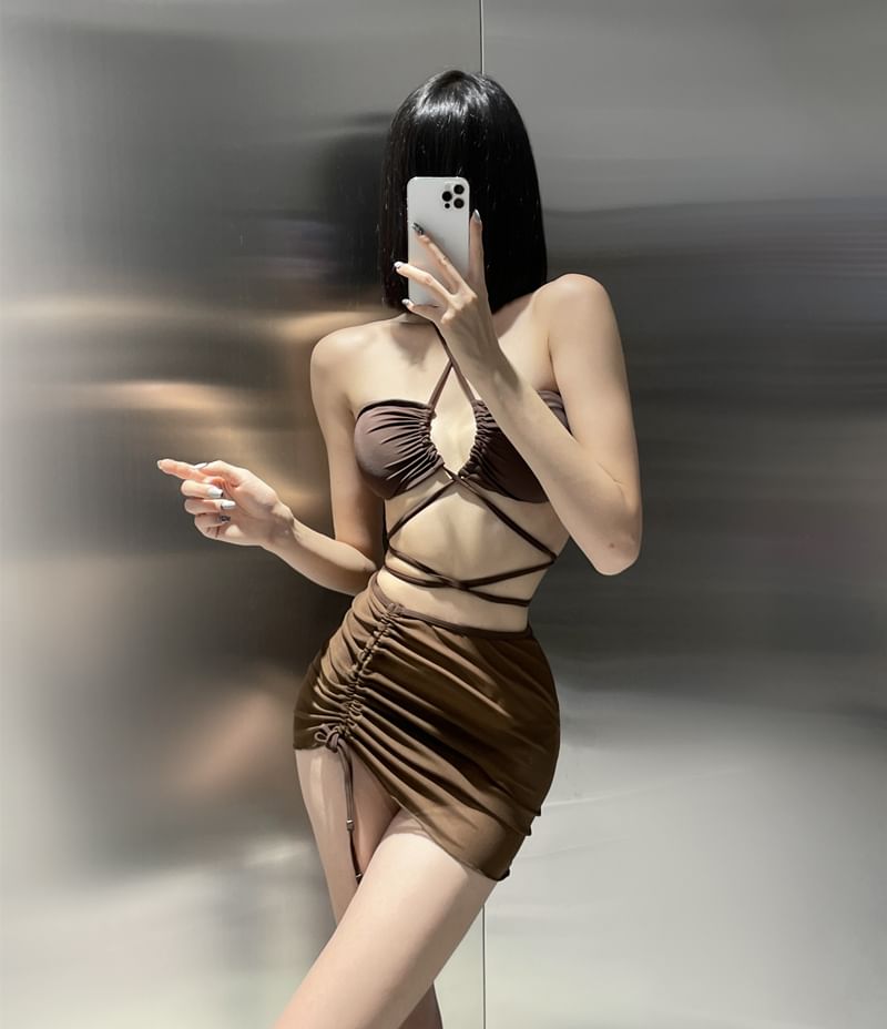 Sabbia - 套裝: 掛脖純色比基尼游泳上衣 + 泳褲 + 抽繩罩裙