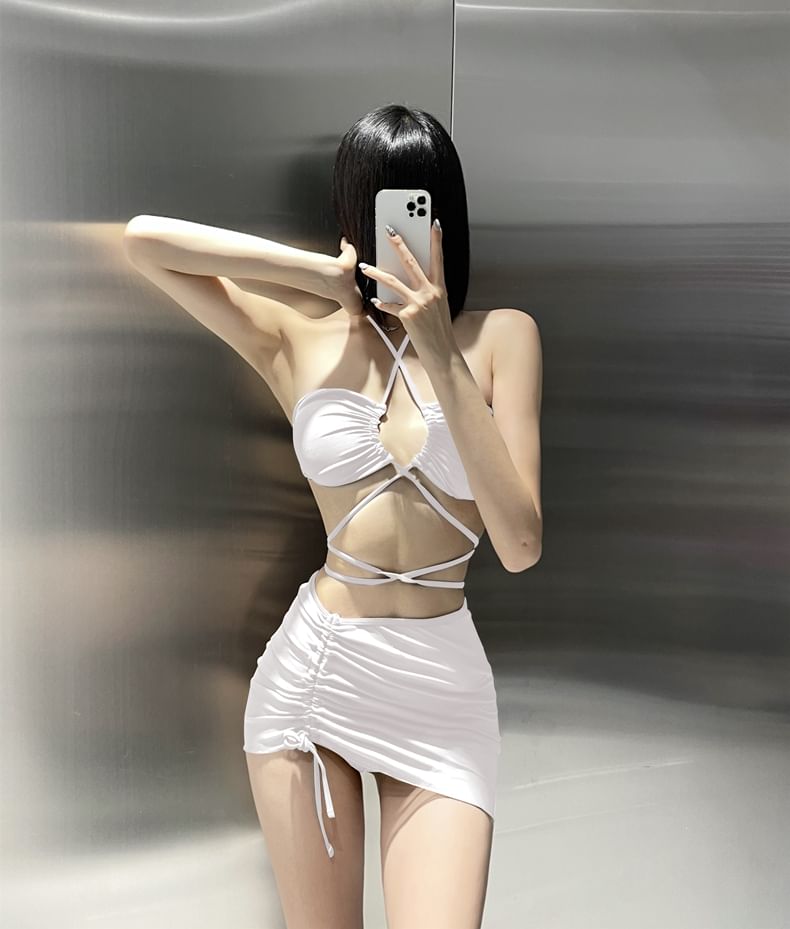 Sabbia - 套裝: 掛脖純色比基尼游泳上衣 + 泳褲 + 抽繩罩裙