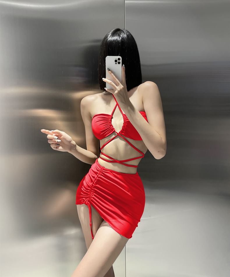 Sabbia - 套裝: 掛脖純色比基尼游泳上衣 + 泳褲 + 抽繩罩裙