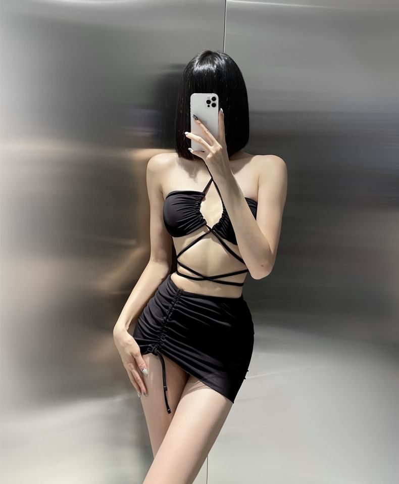 Sabbia - 套裝: 掛脖純色比基尼游泳上衣 + 泳褲 + 抽繩罩裙
