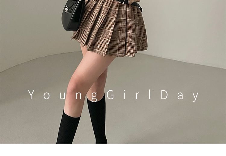 RainGirl - 高腰格子百褶迷你A字裙