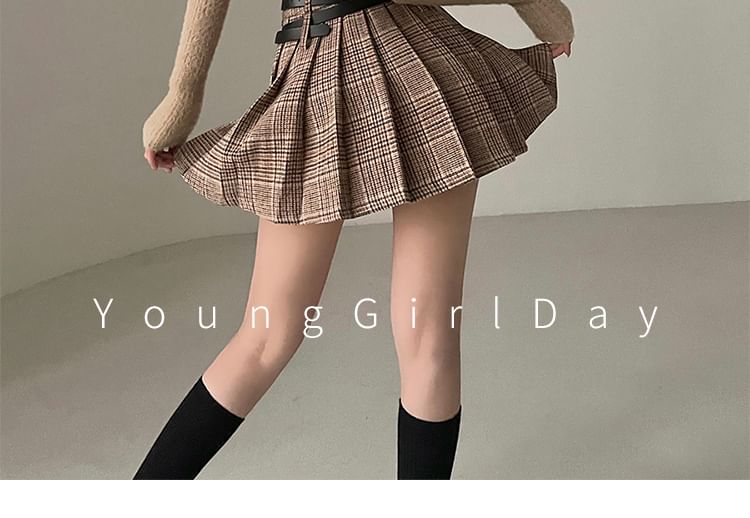 RainGirl - 高腰格子百褶迷你A字裙