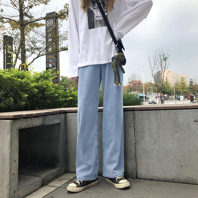 Honet - 高腰水洗直筒闊腿牛仔褲