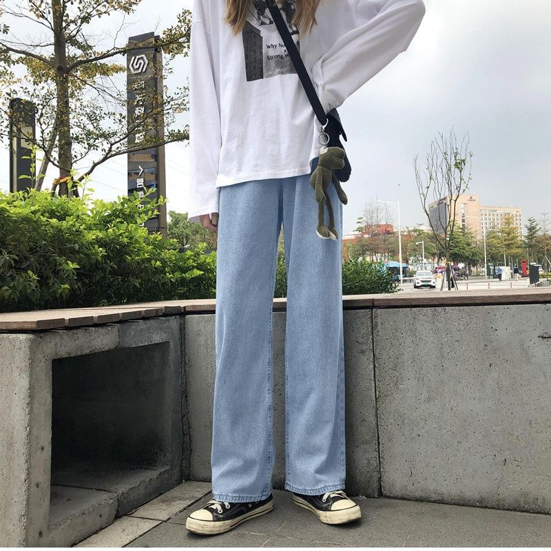 Honet - 高腰水洗直筒闊腿牛仔褲