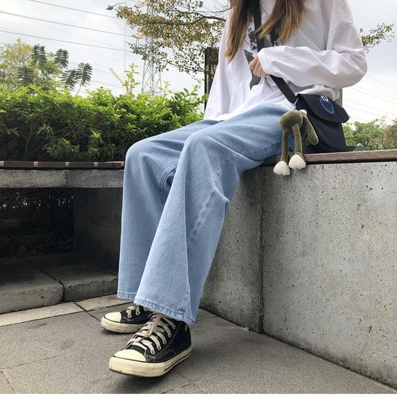 Honet - 高腰水洗直筒闊腿牛仔褲
