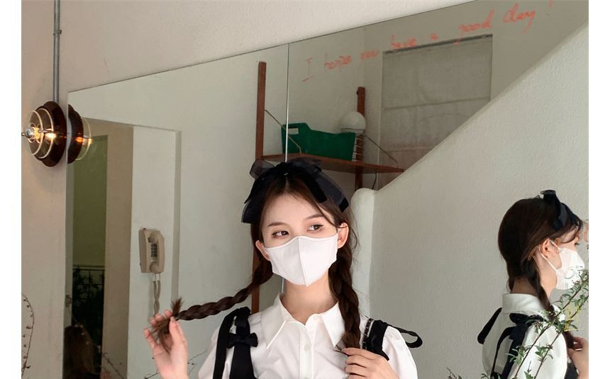 Closette - 泡泡袖純色襯衫 / 方領純色蝴蝶結皺褶鈕扣迷你A字背帶連衣裙