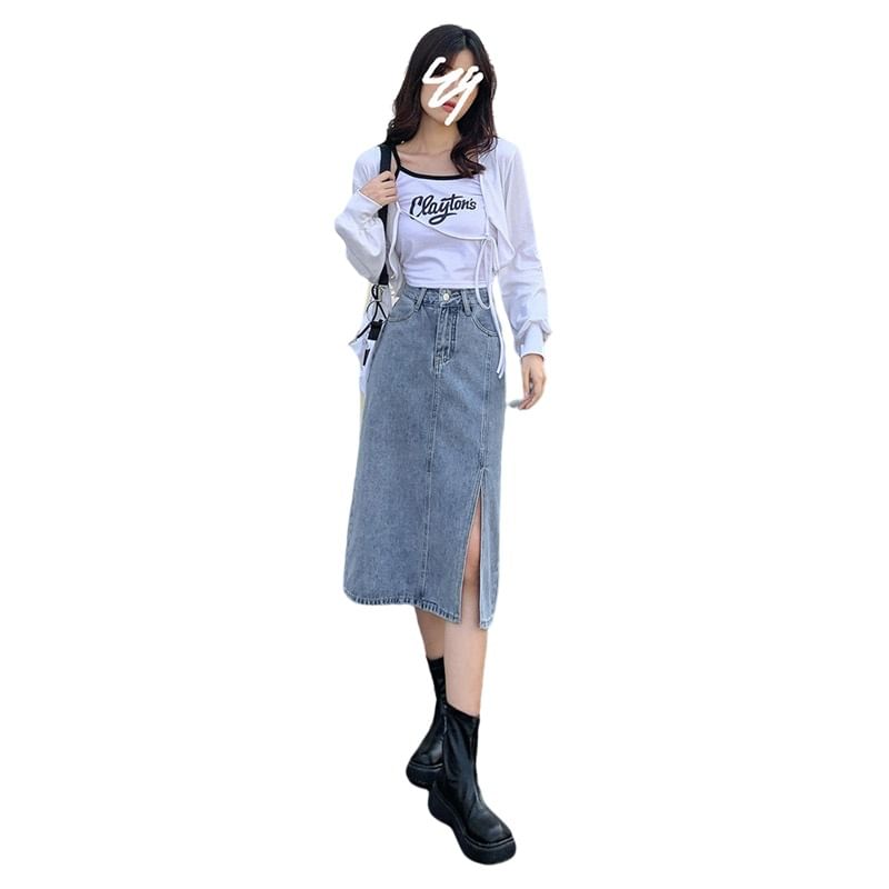 Denimot - 高腰開衩A字牛仔中裙