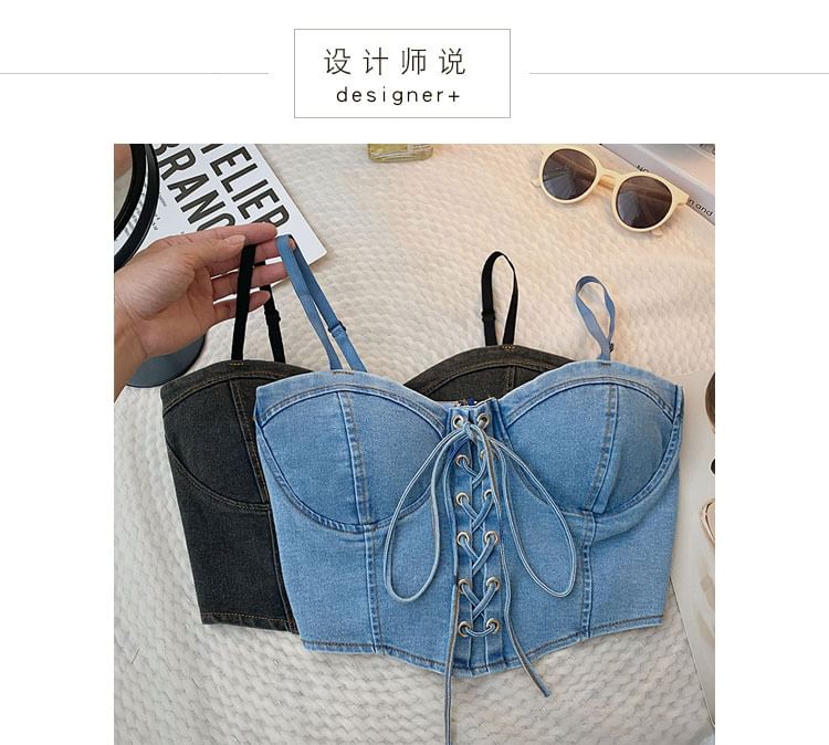 DIYI - 細肩帶水洗繫帶短款牛仔緊身上衣