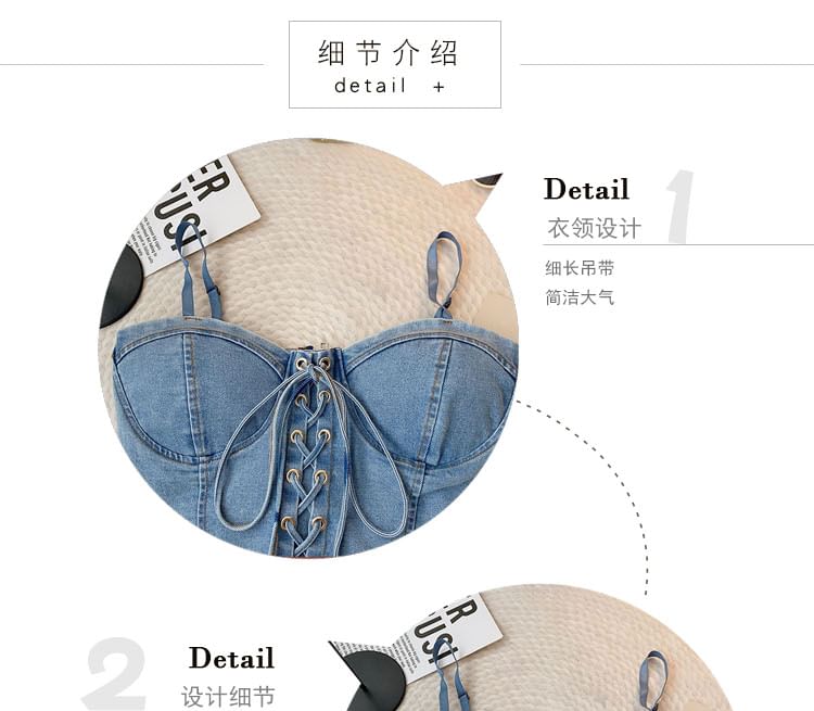 DIYI - 細肩帶水洗繫帶短款牛仔緊身上衣