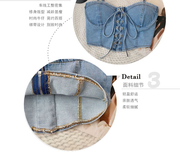 DIYI - 細肩帶水洗繫帶短款牛仔緊身上衣