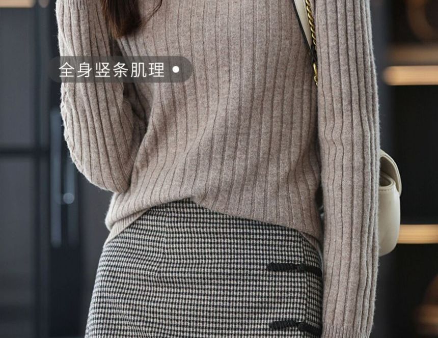 Odestra - 長袖V領純色羅紋針織上衣