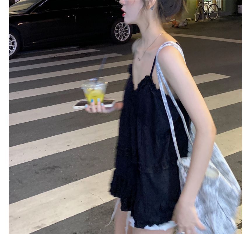 Yako - 純色皺摺邊飄逸吊帶背心