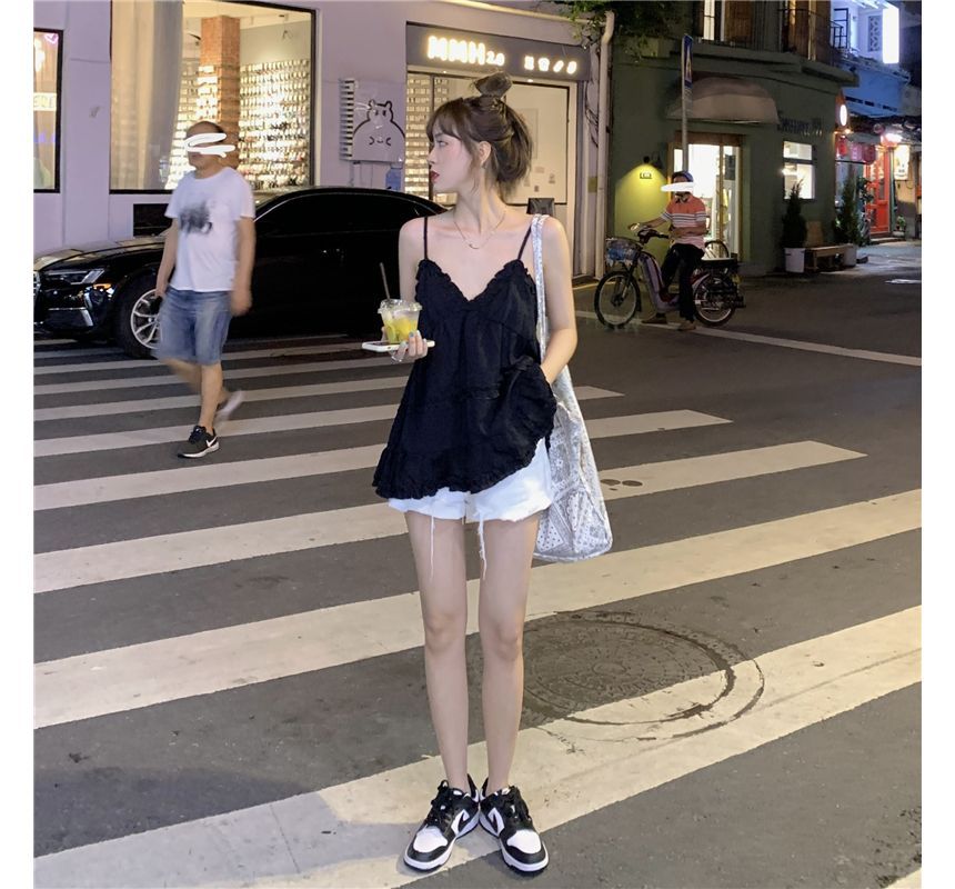 Yako - 純色皺摺邊飄逸吊帶背心