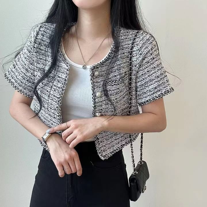 MIKIGA - 短袖單排扣粗花呢短款西裝外套