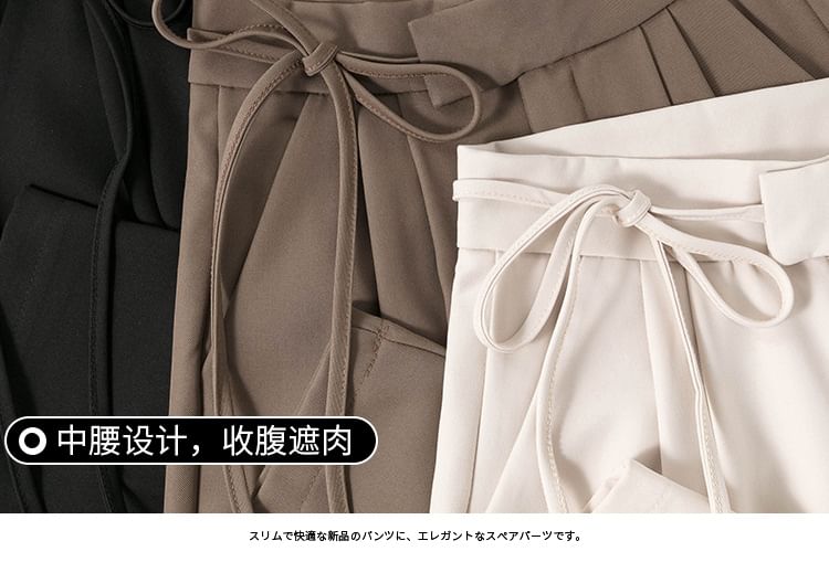 Odestra - 高腰純色腰結帶直腿西褲