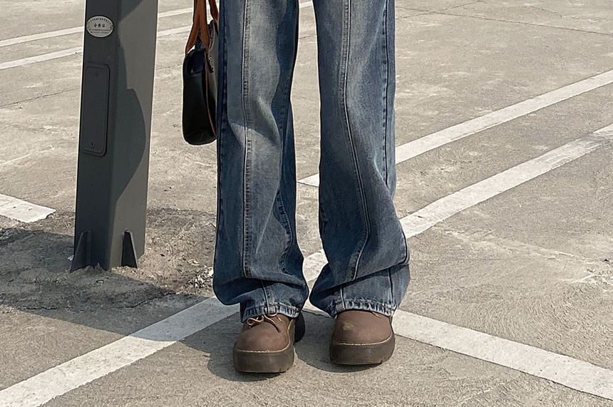 Porstina - 低襠水洗拼接寬腿牛仔褲