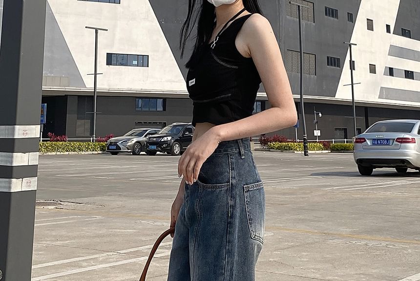 Porstina - 低襠水洗拼接寬腿牛仔褲