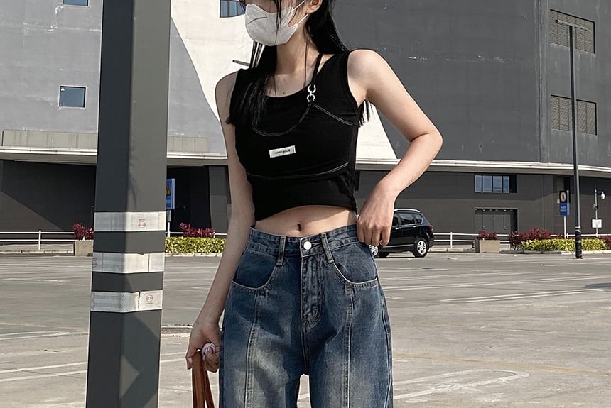 Porstina - 低襠水洗拼接寬腿牛仔褲