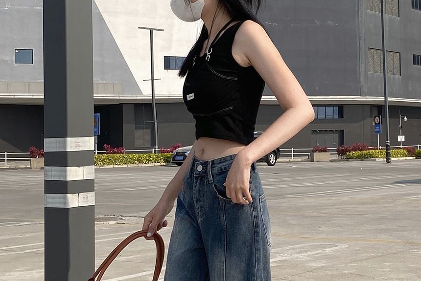 Porstina - 低襠水洗拼接寬腿牛仔褲