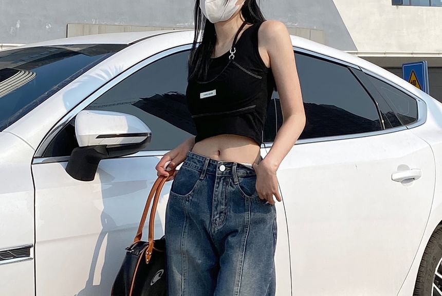 Porstina - 低襠水洗拼接寬腿牛仔褲
