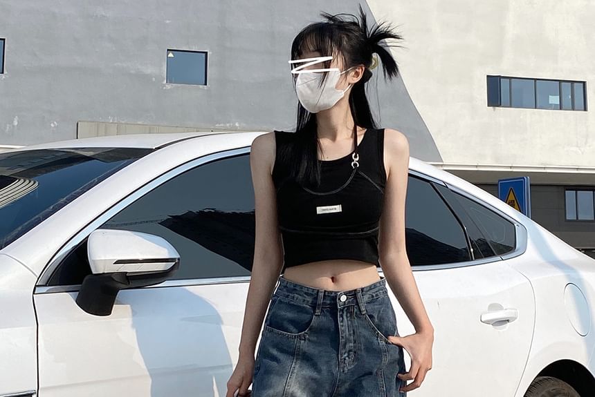 Porstina - 低襠水洗拼接寬腿牛仔褲