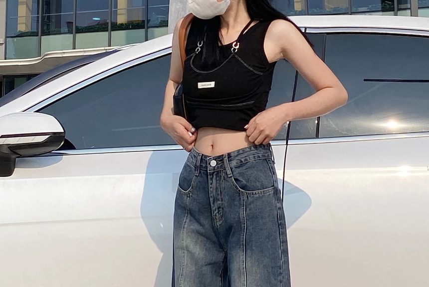 Porstina - 低襠水洗拼接寬腿牛仔褲