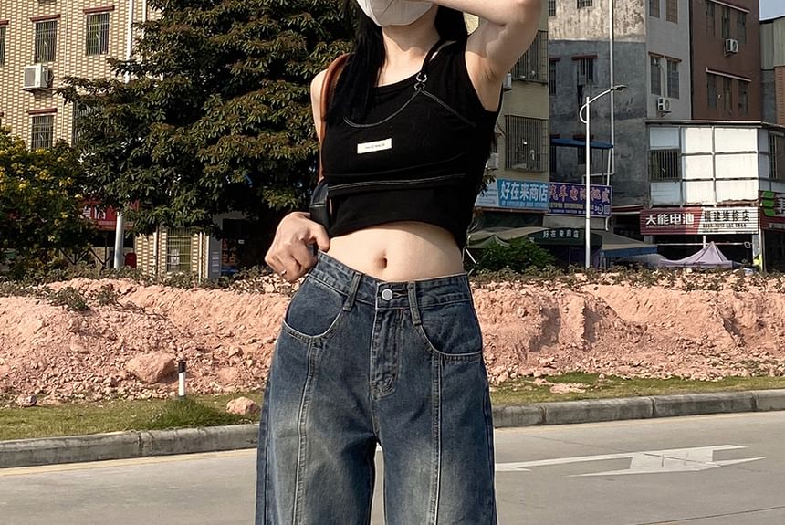 Porstina - 低襠水洗拼接寬腿牛仔褲