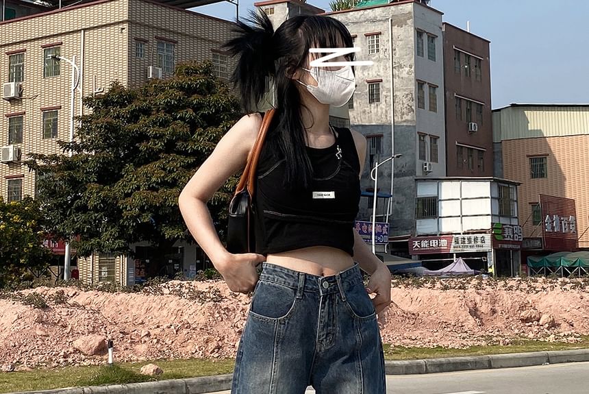 Porstina - 低襠水洗拼接寬腿牛仔褲