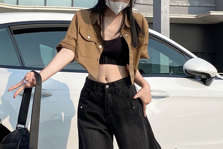 Porstina - 低襠水洗拼接寬腿牛仔褲