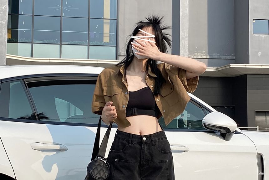 Porstina - 低襠水洗拼接寬腿牛仔褲