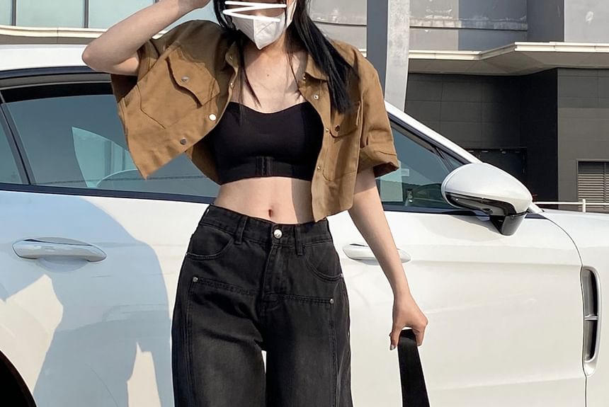 Porstina - 低襠水洗拼接寬腿牛仔褲