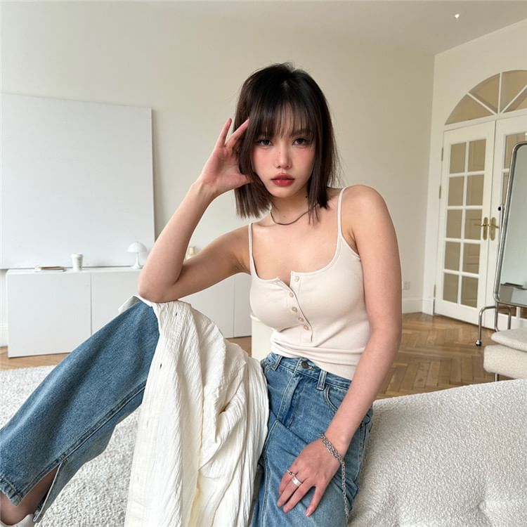 Maisee - 扣領衫純色吊帶背心